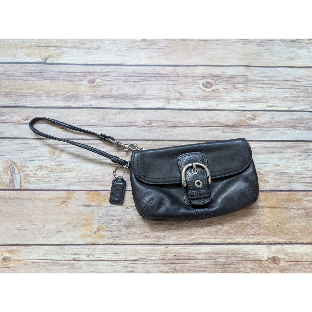 Coach Soho Wristlet Small Leather Black Buckle Front Flap Pocket Mini Bag Y2K